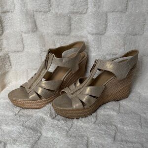 Michael Kors Metallic Taupe Espadrille Wedge Sandals with Front Zip